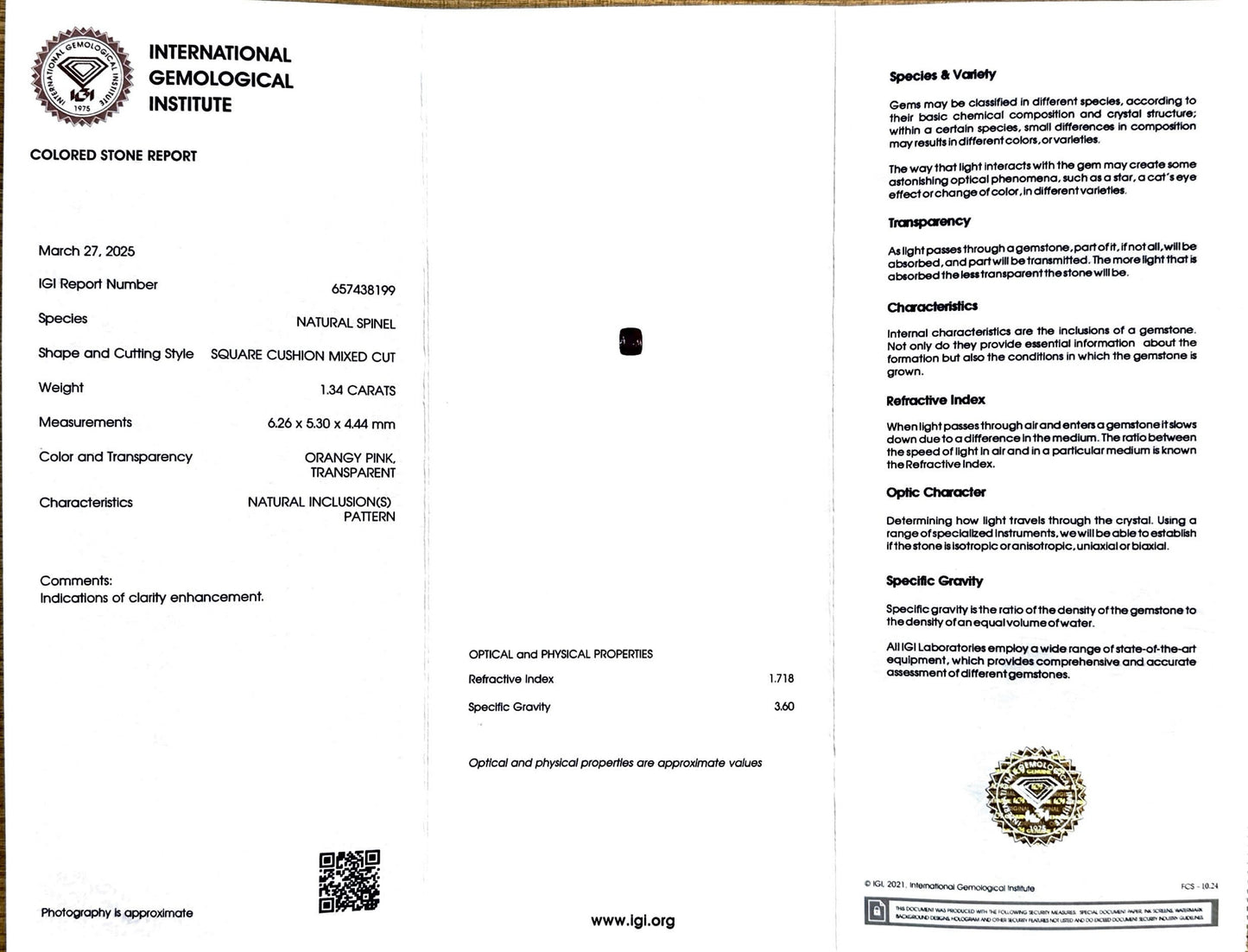 1.34 CT NATURAL SPINEL WITH IGI CERTIFICATE