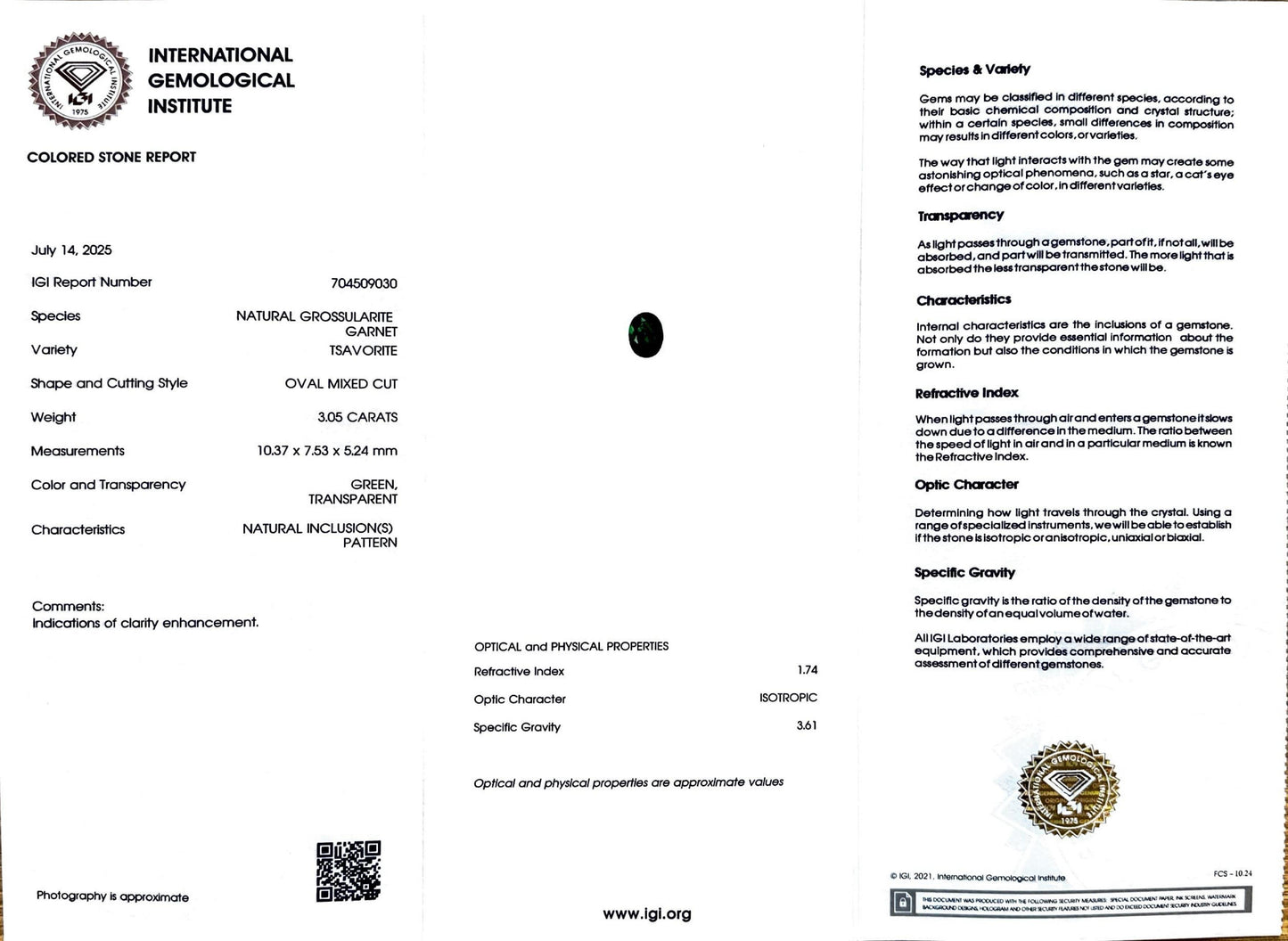3.05 NATURAL TSAVORITE WITH IGI CERTIFICATE