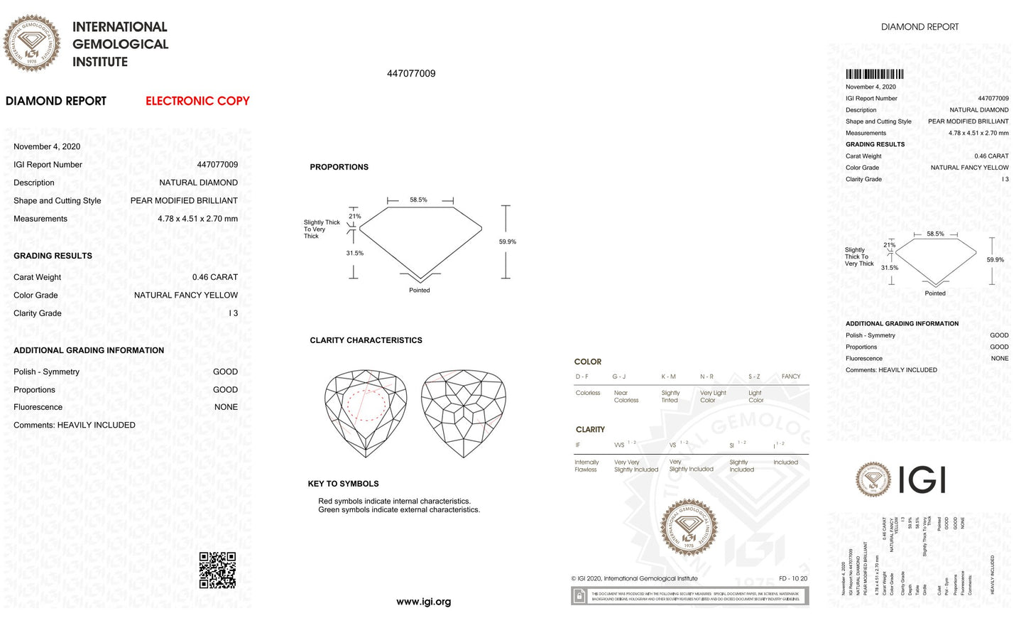 0.46Ct - IGI CERTIFIED - NATURAL FANCY YELLOW DIAMOND