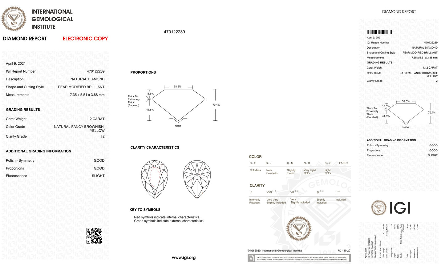 1.12 Ct - NATURAL FANCY BROWNISH YELLOW DIAMOND - IGI CERTIFIED