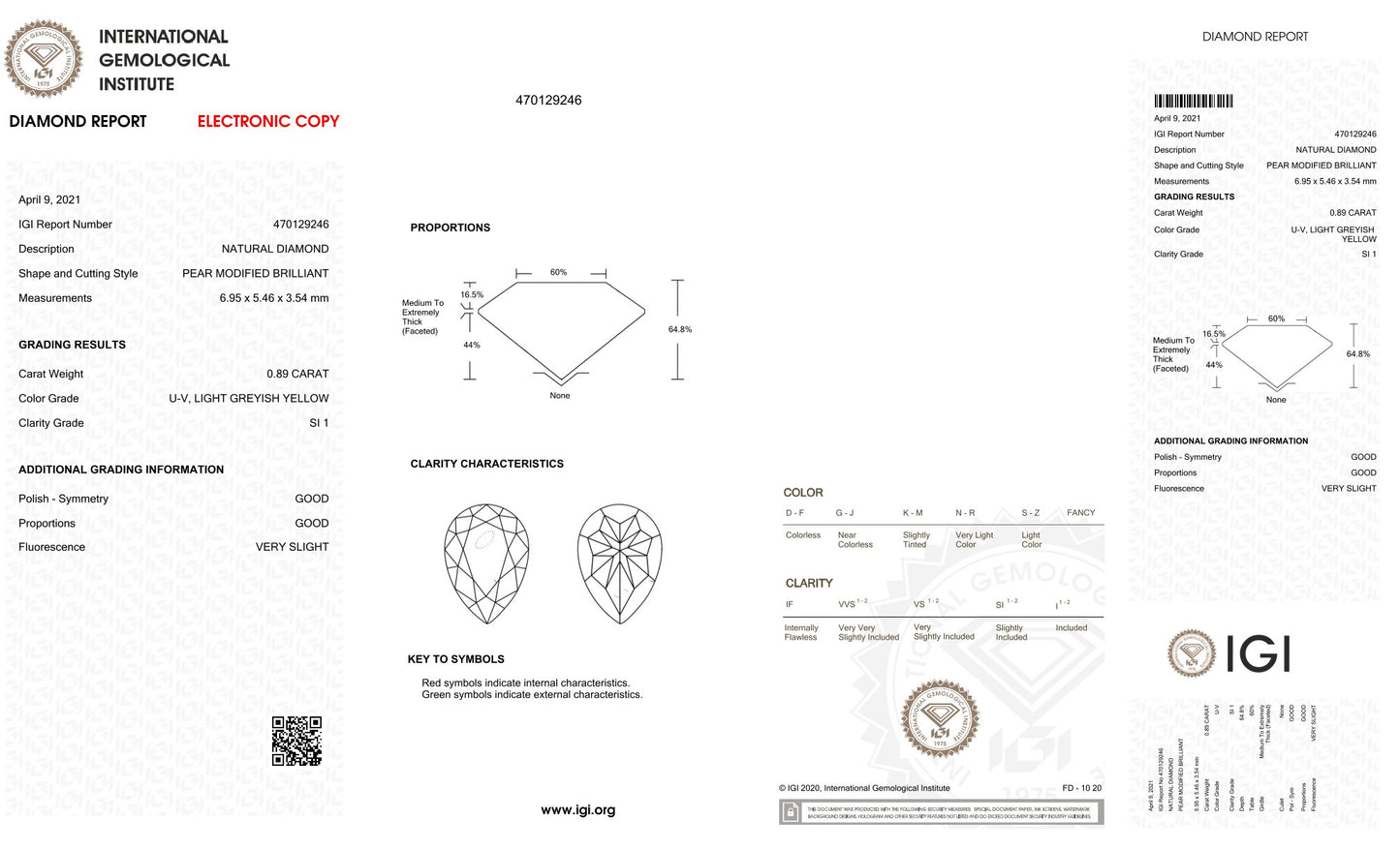 0.89Ct - NATURAL GREYISH YELLOW DIAMOND - IGI CERTIFIED