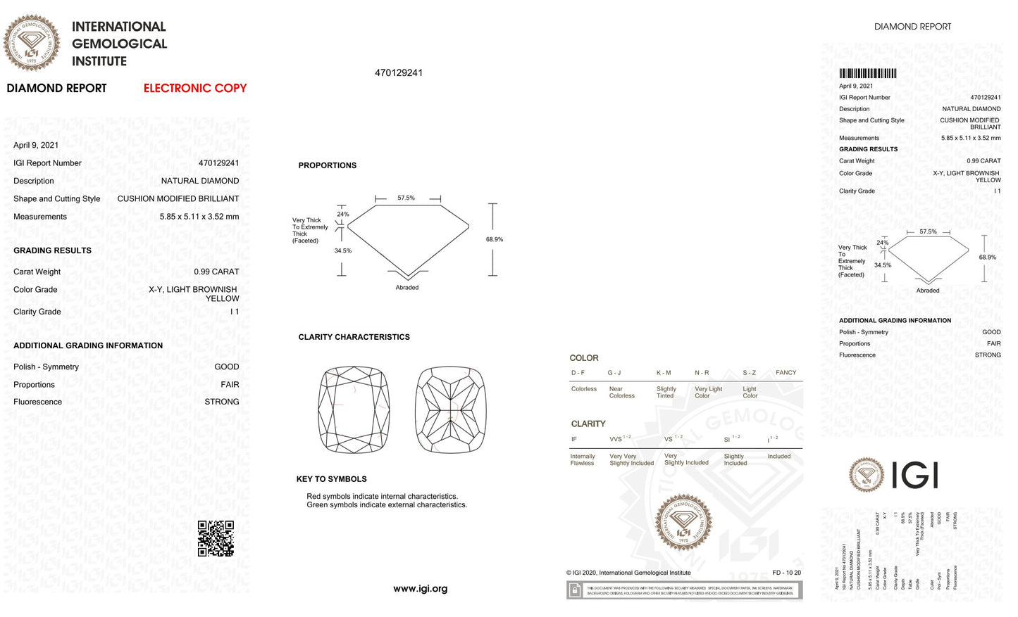 0.99Ct - NATURAL BROWNISH YELLOW DIAMOND- IGI CERTIFIED