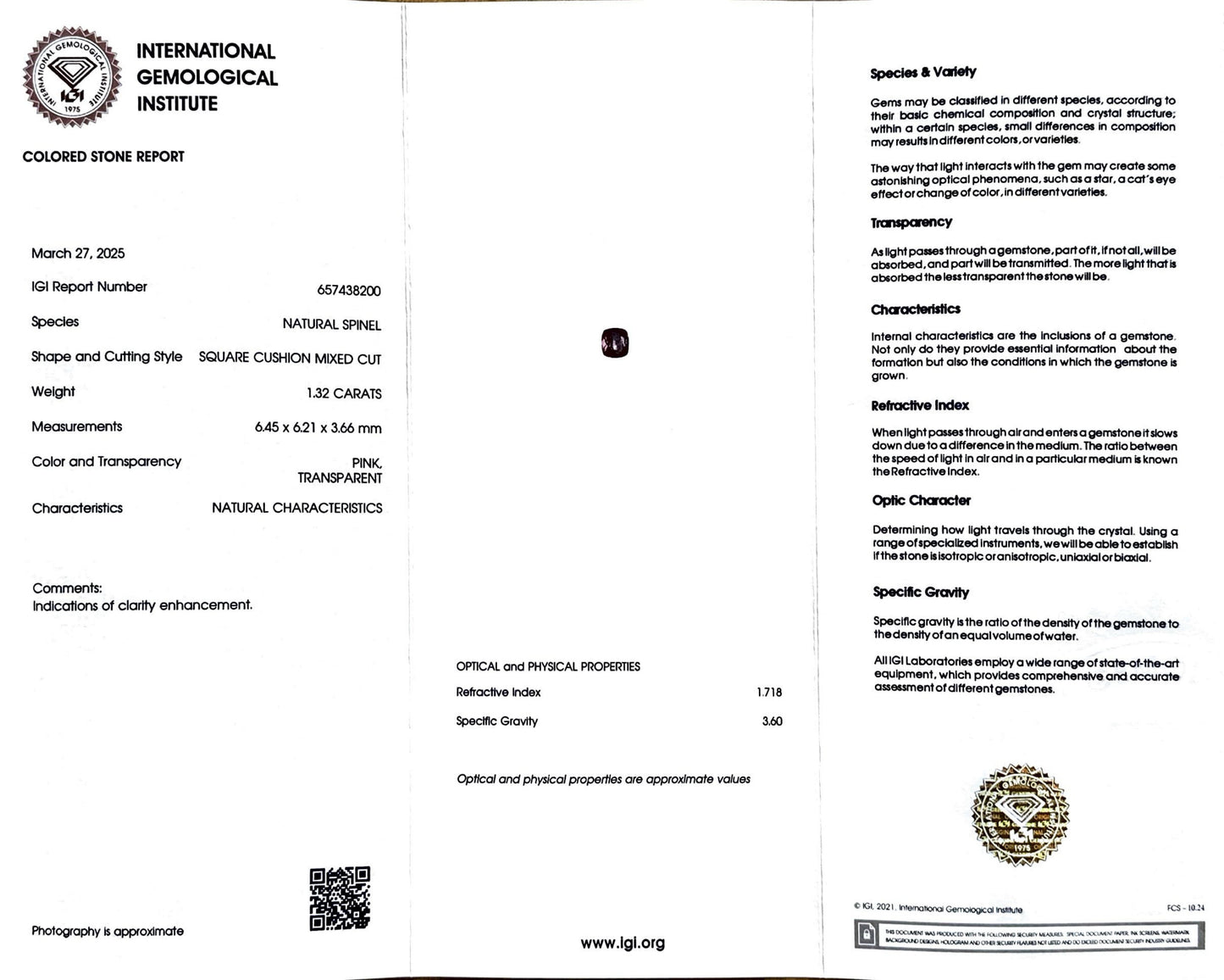 1.32 CT NATURAL SPINEL WITH IGI CERTIFICATE