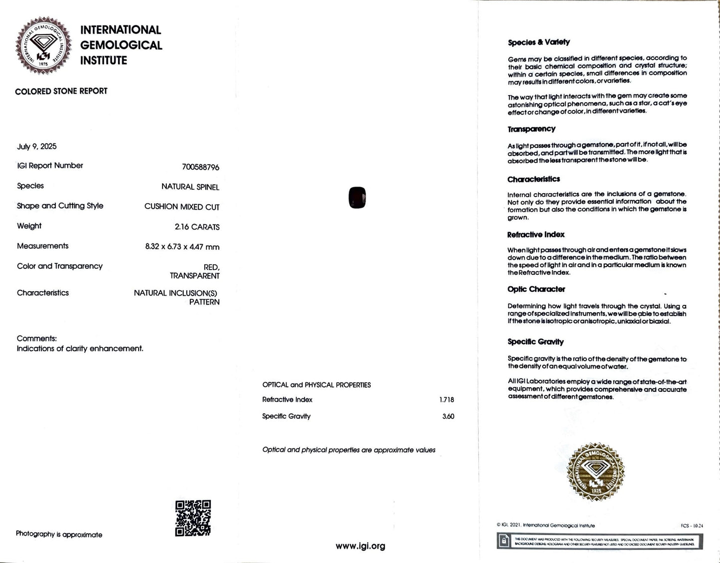 2.16 CT NATURAL SPINEL WITH IGI CERTIFICATE